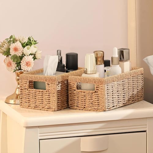 Vagusicc Wicker Storage Basket, Set of 2 Hand-Woven Paper Rope Wicker Baskets for Organizing Decor Storage Bins for Counter Shelves Pantry Basket Small Toilet Paper Basket for Toilet Tank Top, Natural by Vagusicc - Image 4