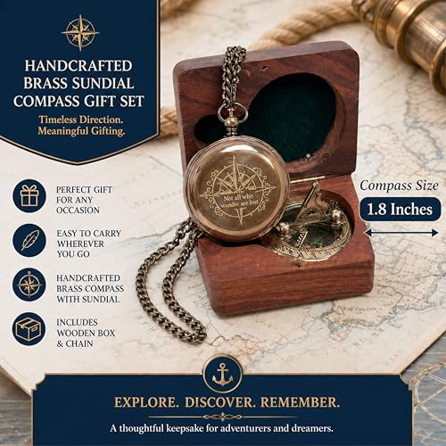 Image of M.A & SONS Push Button Personalized Brass Sundial Compass 1.8 Inch with Wooden Box & Chain | Engraved Back Pocket Nautical Keepsake