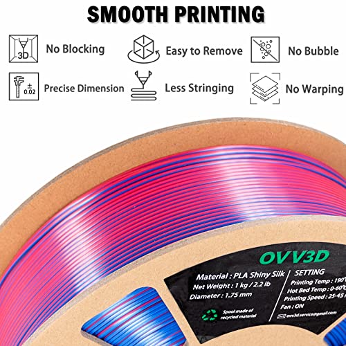 Image of OVV3D PLA Filament 1.75mm, Silk PLA Dual Color 3D Printer Filament, Blue Red Coextrusion Filament, Color Change Every Inch Filament 3D Printing Materials + /-0.02mm, 1kg /2.2lb