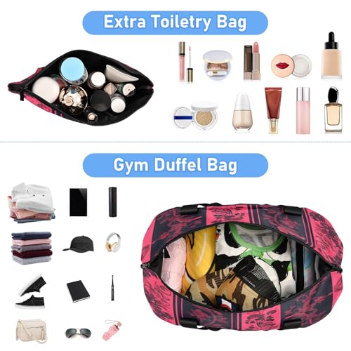 Pink Floar and Black Stripe Seamless Travel Duffel Bag Waterproof Gym Sport Tote Bag Carry On Weekender Bag with Compartment4