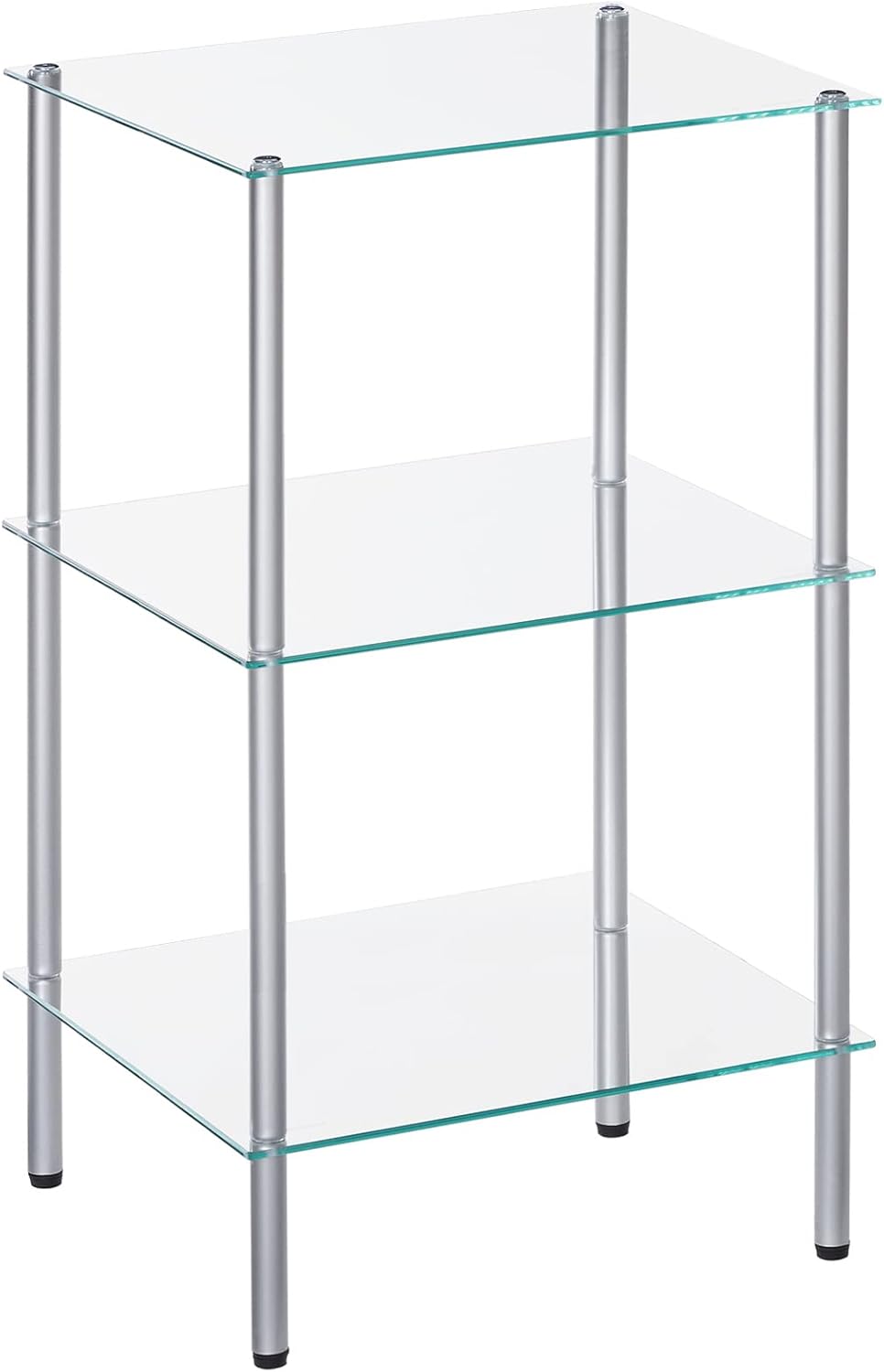 (Similar to stock photo) (wood) HOOBRO Glass Shelf, 3 Tier Standing Shelf Unit, Durable Tempered Glass Shelving Stand for Small Space, Perfume Stand Organizer, Space-Saving, for Bathroom, Bedroom, Steel Frame, Silver SV03CJ01
