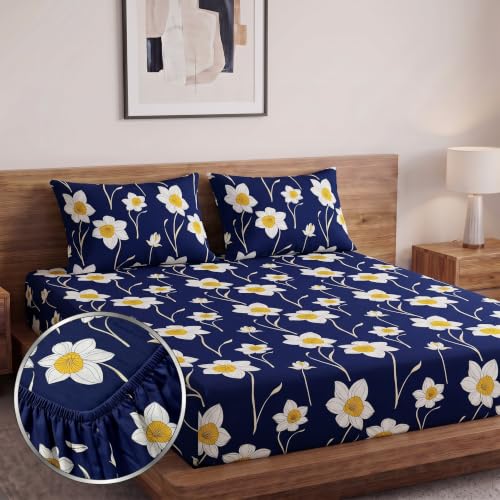 Image of Home Sizzler Microfibre 210TC Navy Blue Daisy Print Elastic Fitted Double (72 X 78) Bedsheet with 2 Pillow Covers