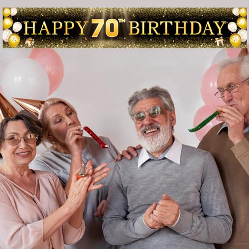 Image of TZSS Black & Gold 70th Birthday Banner Decorations - Extra Large 118 inchx20 inch Reusable Yard Sign for Men & Women, Over The Hill Party Decor Indoor Outdoor, Platinum Jubilee Celebration