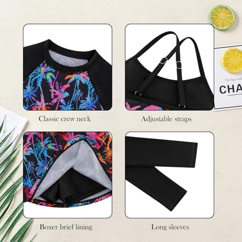 Image of Girls Swimsuit Long Sleeve Swim Shirt 3 Piece Rash Guard for Girls Bathing Suit with Boyshorts