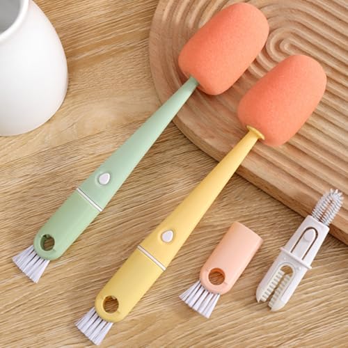 Image of Bottle Cleaning Brush 3 PCS Long Handle Bottle Brush 4 in 1 Detachable Multifunctional Sponge Bottle Brushes with Nipple Cleaning Brush and Bottle Gap Cleaner Brush (3PCS)