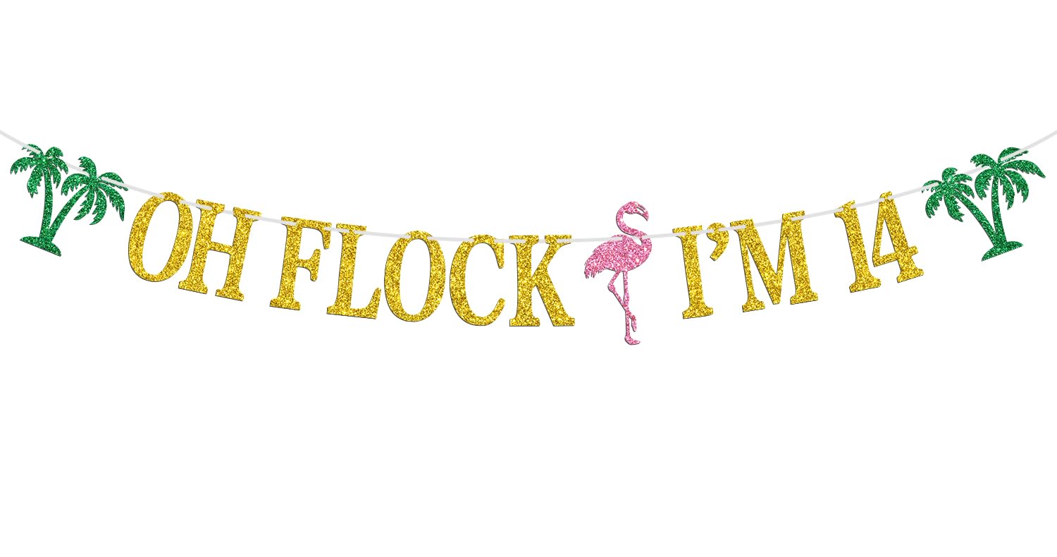 Oh Flock I'm 14 Banner, Glitter Happy 14th Birthday Anniversary Party Decorations, Pineapple Party Decor, Hawaiian Luau Tropical Aloha 14 Theme Party Photo Props