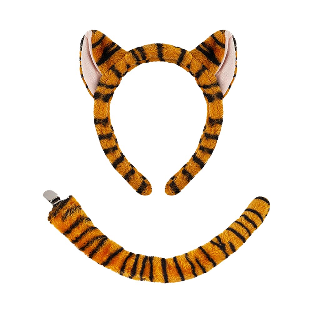 FSSTUD 2 Pcs Plush Tiger Costume Accessories Fancy Tiger Ears Headband and Tail Animal Cosplay Hairband Cute Long Animal Tail Dress up Animals Ears Halloween Tigers Accessories for Men Women