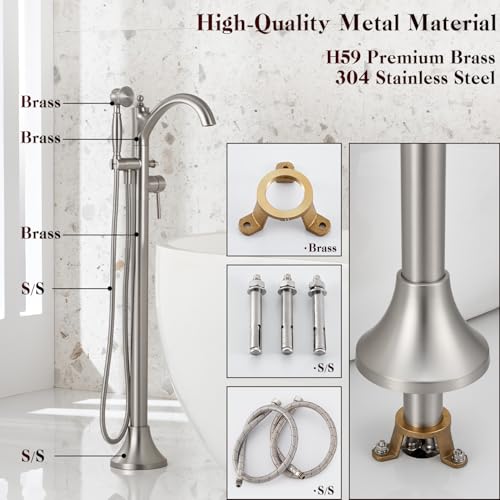 Wintap Freestanding Tub Faucets, Classic Freestanding Bathtub Faucet with Retro Handheld Sprayer High Flow Max 7.04GPM Floor Mount Tub Filler Swivel Spout Bath Tub faucet Brushed Nickel (WT-9002BN) by Wintap - Used condition - Image 3