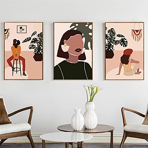 Tableau Toile Vintage Mode pour Salon : Grand Triptyque Affiche Fille Noire Style Nordique 70x100