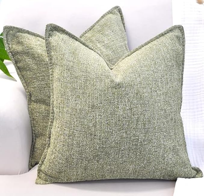 20x20 inch Throw Pillow Covers Olive Green Soft Textured Chenille Pack of 2 Solid Cushion Cases for Sofa, Accent Chair, Couch, Modern Cozy Pillow Cases