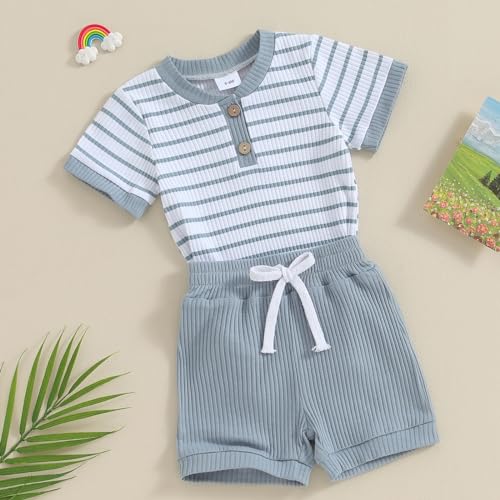 Newborn Baby Boy Girl Clothes Set Ribbed Short Sleeve Striped Romper Top Solid Color Shorts Sets 2Pcs Summer Outfits2