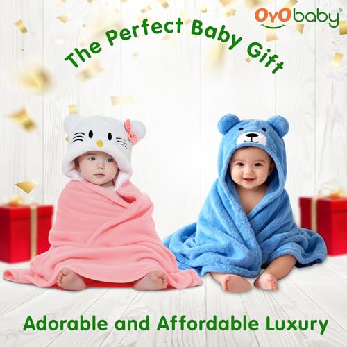 Image of OYO BABY Newborn Baby Blanket & Bath Towel /Bath Robe Combo Pack - 2 Pieces, Fleece (Pink Kitty & Blue Bear), Multi-Use for Babies 0-12 Months