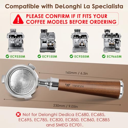 Image of 51mm Bottomless Portafilter 3 Ears Compatible with De-longhi La Specialista Coffee Espresso Machine EC9335 9155 9355 9665,100% Stainless Steel Filter Basket and Rosewood Handle