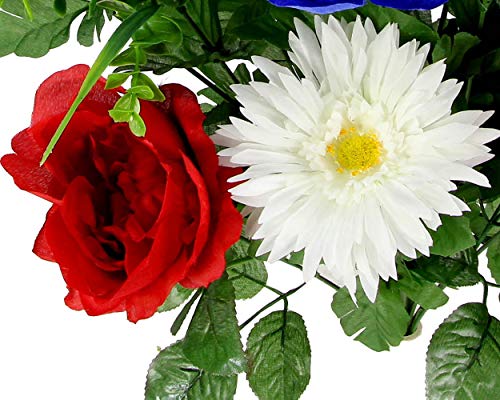 Admired By Nature 18 Stems Artificial Blooming Peony, Gerbera Daisy With Small American Flags, Fillers Mixed Flowers Bush For Memorial Day, Red/Blue/White, 2 Pieces #TOP2