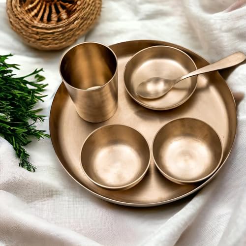 Image of Indian Dining Collection Bronze Dinner Set for Traditional Meals | Handcrafted Kansa Thali Set with Bowls, Glass (Matte Finish | 6-Piece (Serves 1))
