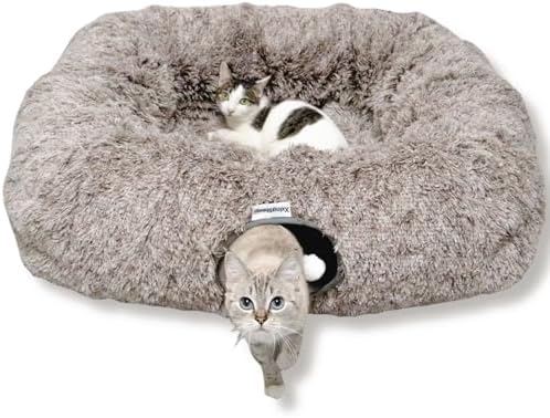 XxingSheep XL Cat Tunnel with Bed for Indoor Cats Peekaboo Cat Cave Donut Toy with Warm Mat,Yellow-Brown