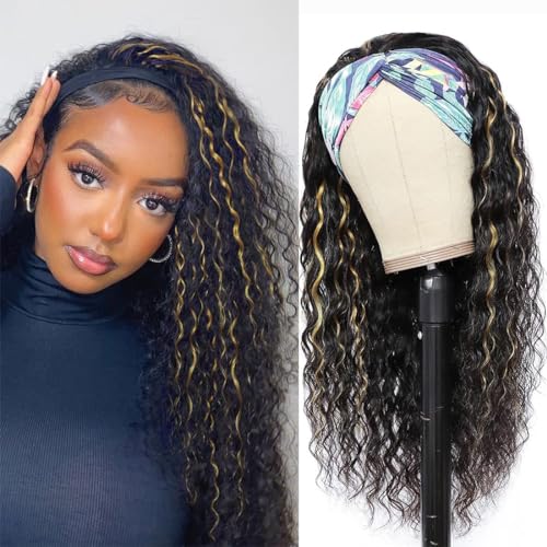 Image of Headband Wig Curly 1B /27 Deep Wave 20 Inches 100% Human Hair ,Headband wigs for black women Glueless None Lace Front Wigs Machine Made 150% Density headband wig human hair with Headbands(20 Inches)