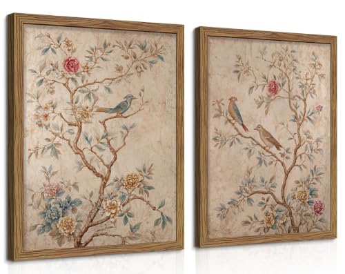 Vintage Floral Bird Wall Art Set of 2, Birds with Peonies Roses Artwork
