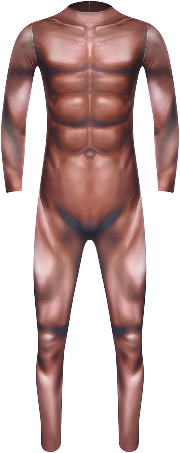 iiniim Men's Full Body 3D Digital Print Bodysuit Realistic Muscle Unitards Jumpsuit for Halloween