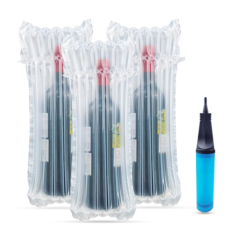 Wine Bottle Protector 200 Pieces Bubble Bags with Free Pump Reusable Sleeve Travel Inflatable Air Column Cushion Bag for Packing and Safe Transportation of Glass Bottles in Airplane Cushioning