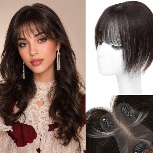 Hair Topper For Women Real Human Hair 10 Inch Super Lightweight Invisible Base Toppers Hairpieces for Women with Thinning Crown Fluffy Breathable for Summer Daily Wear(Dark Brown French Bangs)