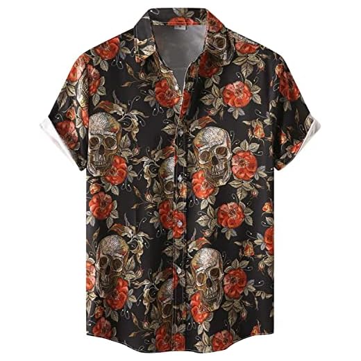 Size L skull and roses2 ghost halloween shirt men Fun Pumpkins skull Short Sleeve Button Down Hawaiian holiday Shirts