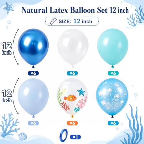 Image of Ocean Balloons, 12 inch Teal Blue Under the Sea Pearl Metallic Blue Balloons | with Sea Shell Print Pearl Aqua Clear Bubble Balloon for Summer Sea Beach Themed Pool Kids Birthday Baby Shower Decorations