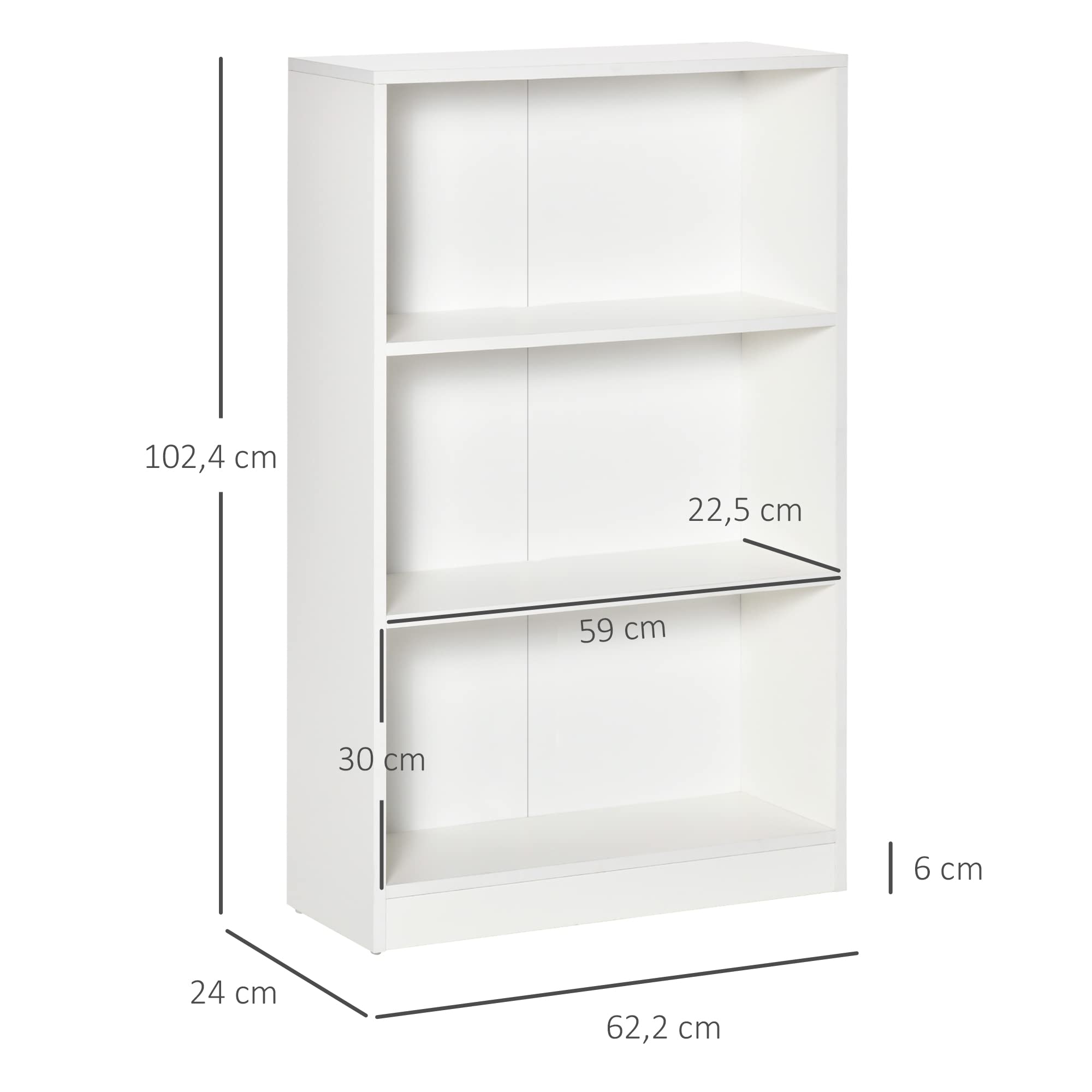 HOMCOM Estantería Librería con 3 Compartimentos 62,2x24x102,4 cm Blanco | Almacenaje, Libros CDs Plantas, Salón Estudio Dormitorio