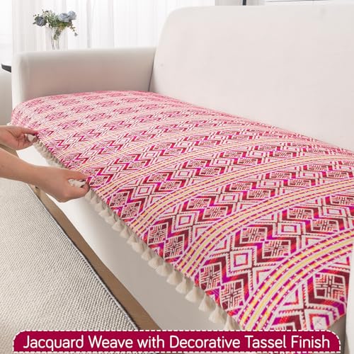 Image of HOKIPO 300 GSM Cotton Acrylic Jacquard Sofa Cover Mat for 5 Seater (3+2) with Tassel, 'Trivana Series' Cherry Red (IN-936+934-J8)