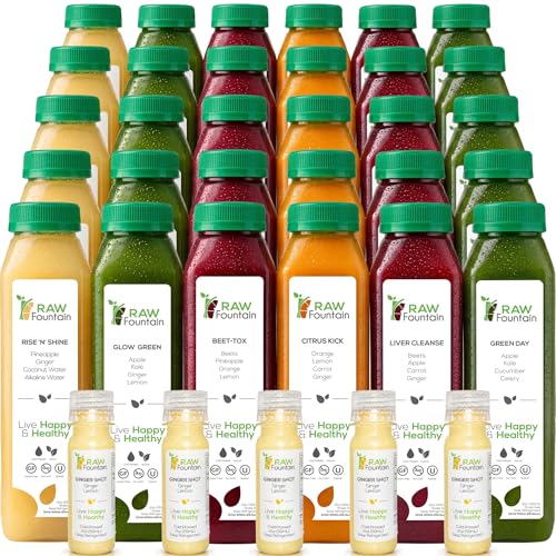 5 Day Juice Cleanse by Raw Fountain, All Natural Raw Detox Cleanse, Cold Pressed Juice Fast, Great Way to Jumpstart a Healthy Diet, Kosher, Vegan, NO Sugar Added, 30 Bottles 12oz, 5 Ginger Shots 2oz