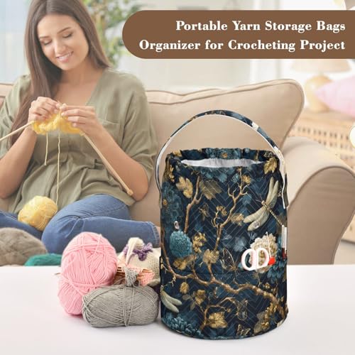 Image of ElliTarr Crochet Bag Yarn Bag with Handle Portable Knitting Project Bag Travel Yarn Storage Organizer Holder Case Mystical Flowers and Dragonflies