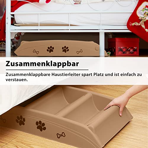 LZQ Hundetreppe Katzentreppe für Kleine Hunde Klappbar PP-Kunststoff Haustiertreppe 50cm Hoch mit Rutschfesten Stufen Hunderampe Sofa für Hunde und Katze zum Klettern und Kratzen, Braun