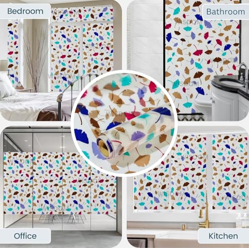 Image of WISDOM Premium Frosted Glass Window Film Self Adhesive Decorative Glass Window Privacy Sheet Film UV Control Removable Vinyl Privacy Film (Color Leaves, 24x200 Inch)