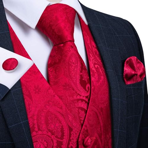 Image of DiBanGu Mens Vest and Tie Set Formal Paisley Waistcoat and Necktie Pocket Square Cufflinks Silk Suit Vest for Tuxedo Wedding