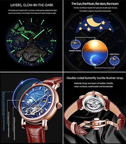 Image of FORSINING Men's Watch Luminous Starry Sky with Moon Phase Tourbillon, Mechanical Automatic Self-wind Fashion Watches, Stainless Steel Case Leather Belt Wristwatch