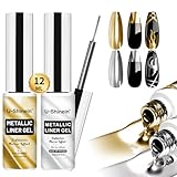 U-Shinein 2x12ml Metallic Mirror Painting Gel Nail Polish, Silver & Gold Metal Painted Drawing Gel with Build in Thin Brush, Chrome Gel Polish Nail Art Gel Liner Soak Off Nail Art Manicure