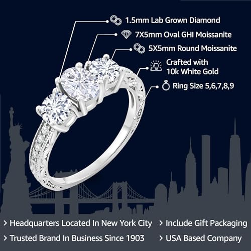 Gem Stone King 10K White Gold Gemstone Birthstone and Lab Grown Diamond 3-Stone Engagement Ring | Oval 7X5MM and Round 5MM | Three Stone Wedding Anniversary Promise Ring For Women2