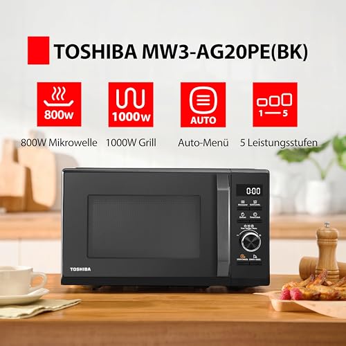 Toshiba MW3-AG20PE(BK) Microondas con parrilla, 20 litros, microondas 3 en 1, descongelación de chef, microondas, parrilla, combinado, 5 niveles, 8 programas automáticos, fácil limpieza, negro - imagen 2
