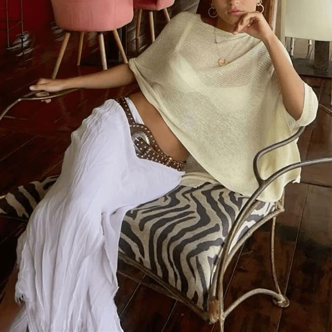 Women Sheer Poncho Top Knit Crochet Lightweight See Through Shawl Summer Shrug Beach Cover Up - Image 4