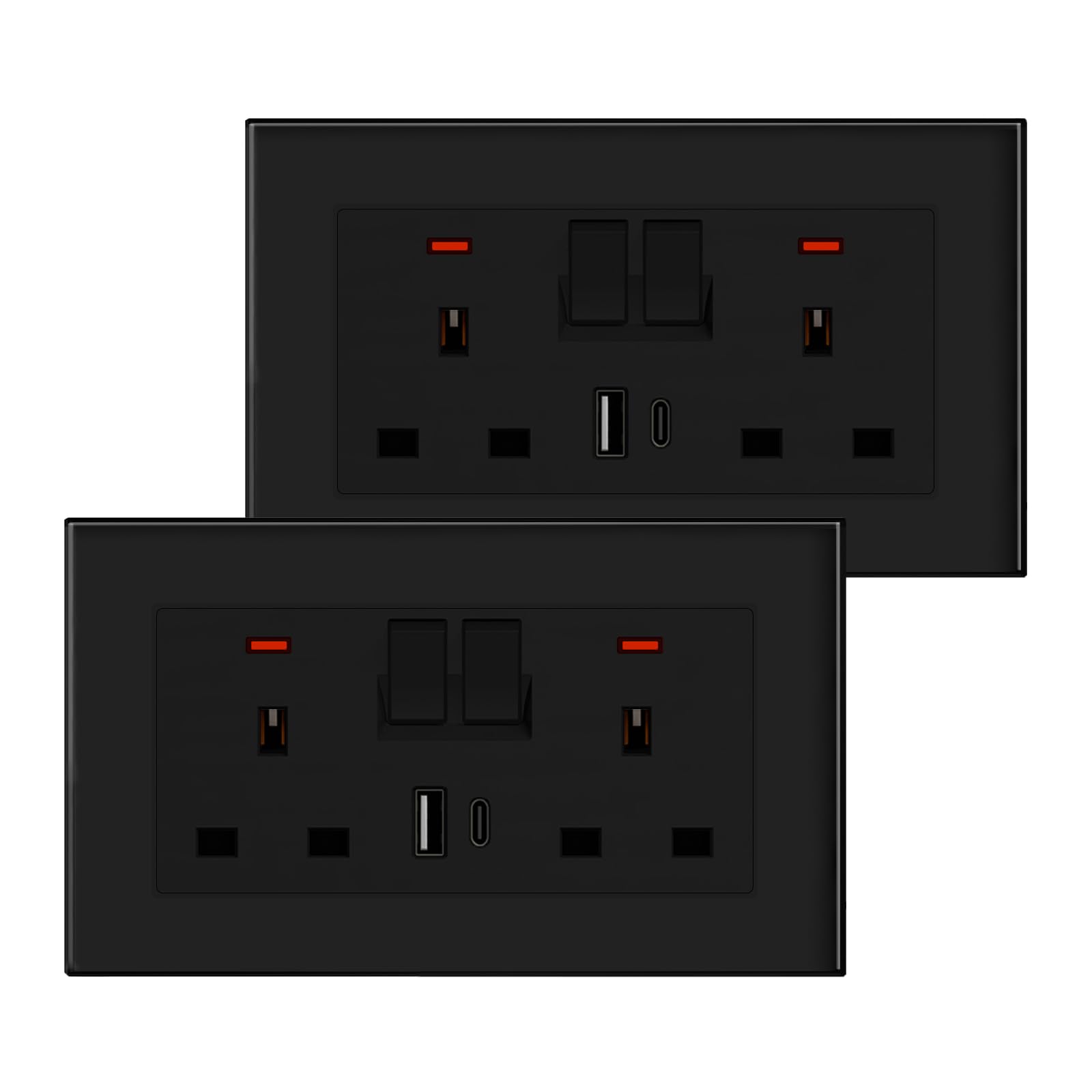 BSEED Double Socket 13A with 2 USB A and USB C 18W, Double Switched Socket 2 Gang UK Standard, Switched Outlet with Glass Panel, Electric Power Outlet Black, 2 Pack โ image 1