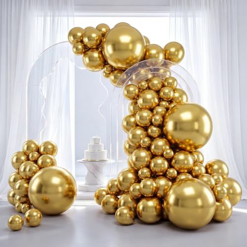 RUBFAC Gold Balloons 129pcs Different Sizes 18 12 10 5 Inch, Metallic Gold Balloon Garland Arch Kit for Graduation Party Wedding Holiday Happy Birthday Decoration