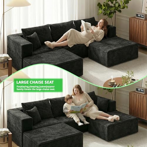 Image of 110 inch Modern Fabric Boneless Couch with Deep Seat, Sectional Couches for Living Room, Upholstered Cloud Sofa with 2 Ottoman, No Assembly Required (U Shaped Sofa)