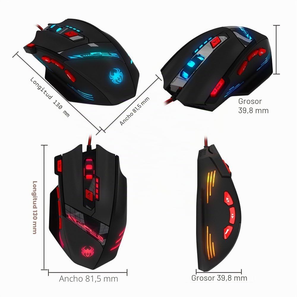 zelotes Ratón Gaming,9200DPI (6 Niveles),8 Botones Programable,Peso Regulable,RGB,Diseño Ergonómico,Ratón con Cable Óptico USB,para PC,Portátil,Negro