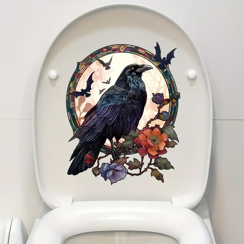 Halloween Raven and Bats Toilet Cover Sticker Decals,Fish Bird Flower Leaf Waterproof Toilet Lid Tank Seat Decals Cistern Self-Adhesive Bathroom Wall Sticker