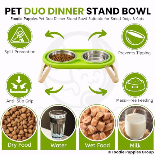 Image of Foodie Puppies Pet Duo Dinner Stand Stainless Steel Bowl - (Green) | Foldable Stand Bowl for Food & Water, Suitable for Cats, Puppies & Small Dogs | Elevated Feeding Station