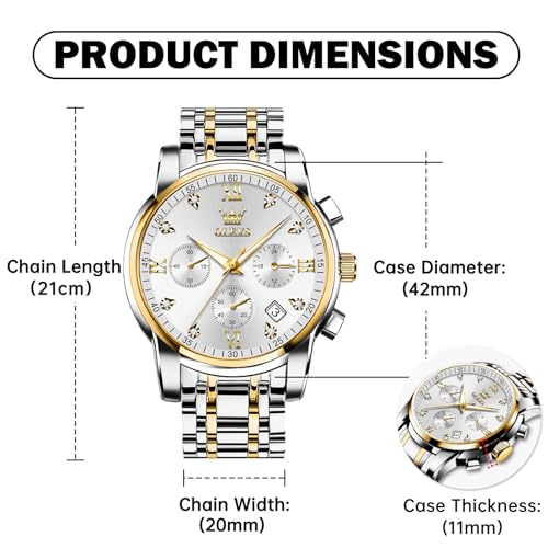 OLEVS Men's Chronograph Watch, Gold Silver Tone Stainless Steel Analog Quartz Watch, Multi-Function Waterproof Date Diamond Roman Numerals Dial Dress Watch for Men