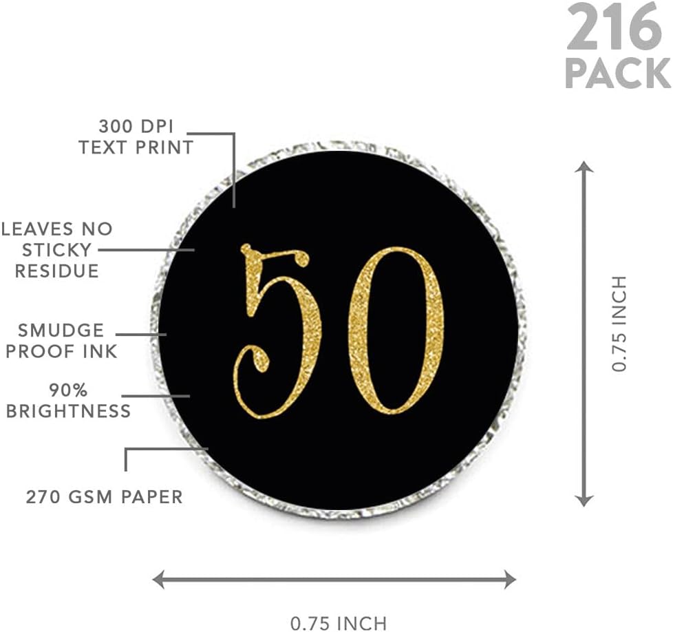 Andaz Press Gold Glitter Print Chocolate Drop Labels Stickers, Cheers 50, Happy 50th Birthday, Anniversary, Reunion, Black, 216-Pack, Not Real Glitter, for Kisses Party Favors