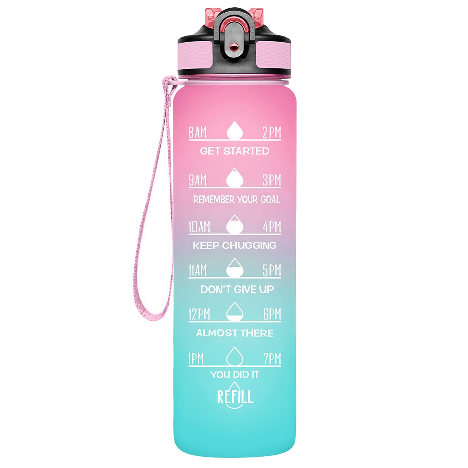 GHKLNY Motivations Wasserflasche 32 Oz (946 Ml) Mit Zeitmarkierung & Trinkhalm – BPA-frei, Inkl. Tragegurt, Blau