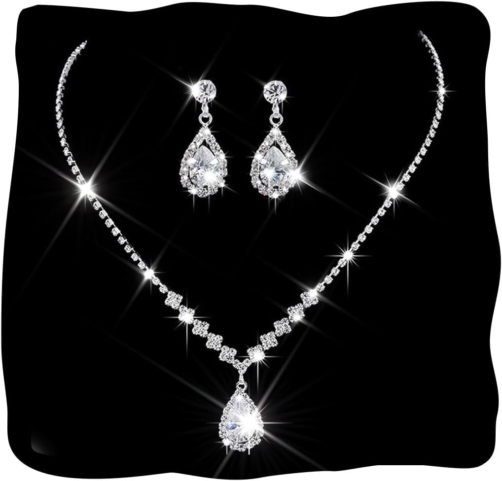 Bride Crystal Necklace Earrings Set Bridal Wedding Jewelry Sets Rhinestone Choker Necklace Prom Costume Jewelry Set for Women and Brides