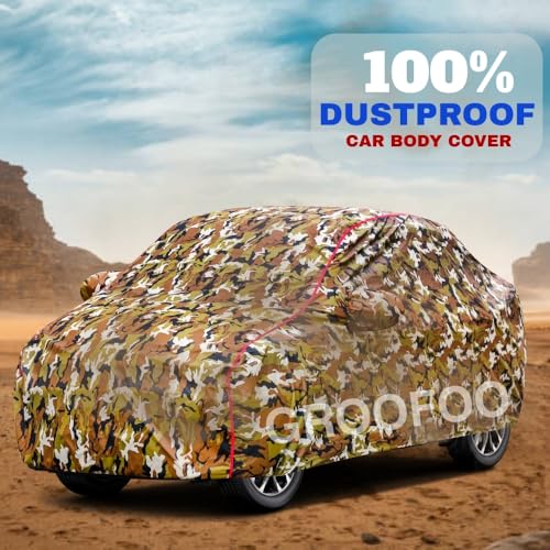 Image of GROOFOO Waterproof Car Body Cover with Mirror Pockets Compatible with Toyota Glanza | Triple Stitch Blue Piping Car Cover UV & Dust Proof All-Weather Protection, Adjustable Buckle (Army and Red)